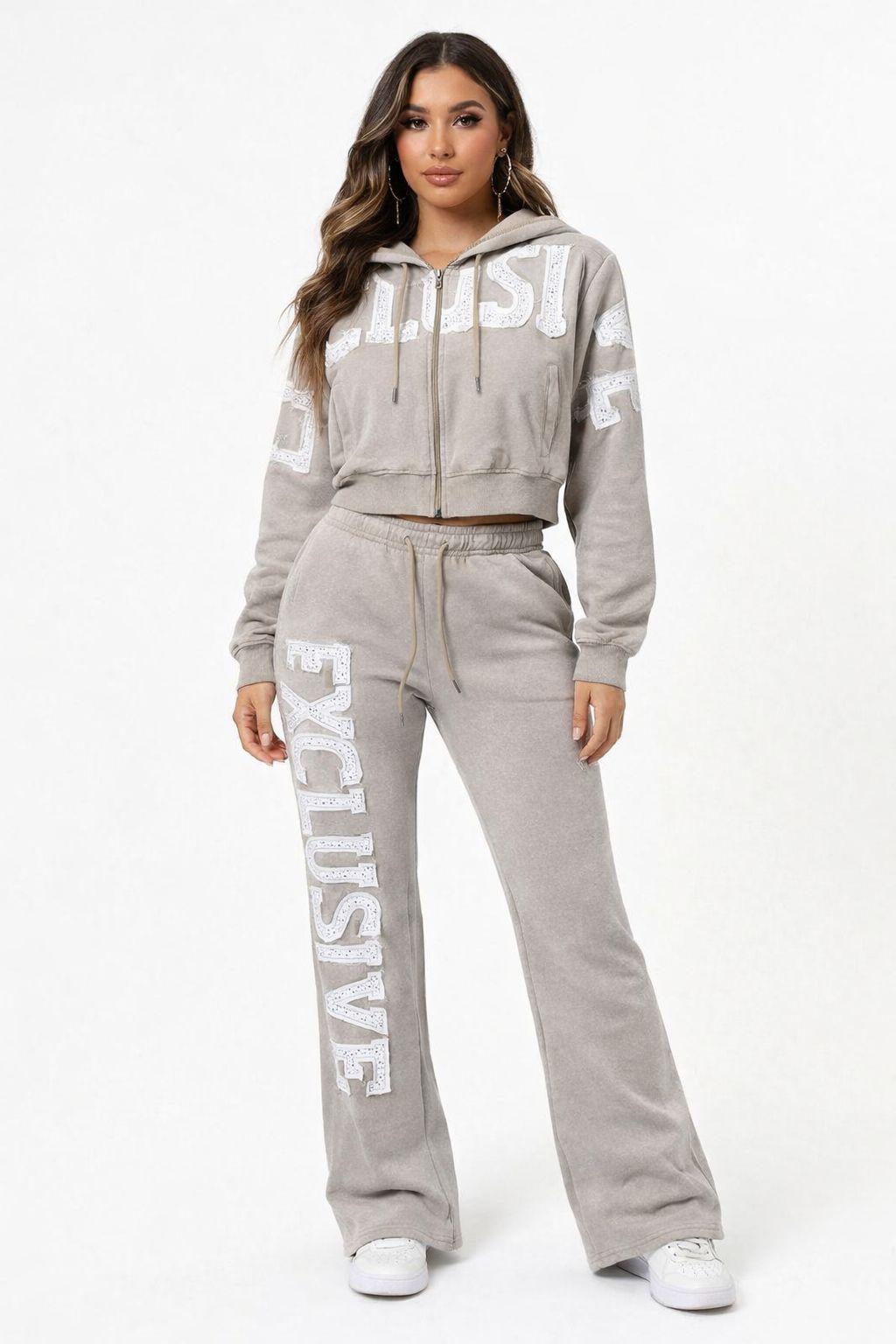 Women’s Red Fox Exclusive Rhinestone Stacked Sweatsuit - Tan