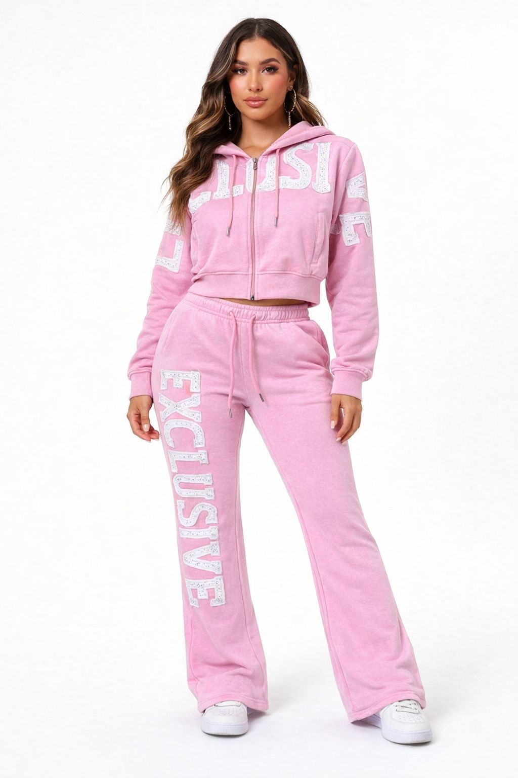 Women’s Red Fox Exclusive Rhinestone Stacked Sweatsuit - Pink