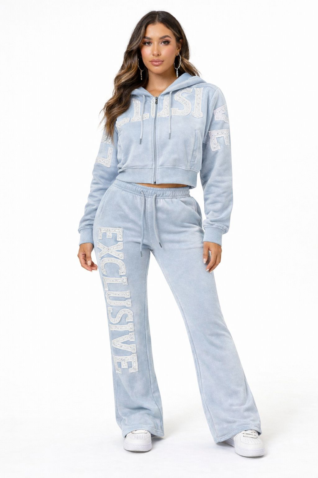Women’s Red Fox Exclusive Rhinestone Stacked Sweatsuit - Light Blue