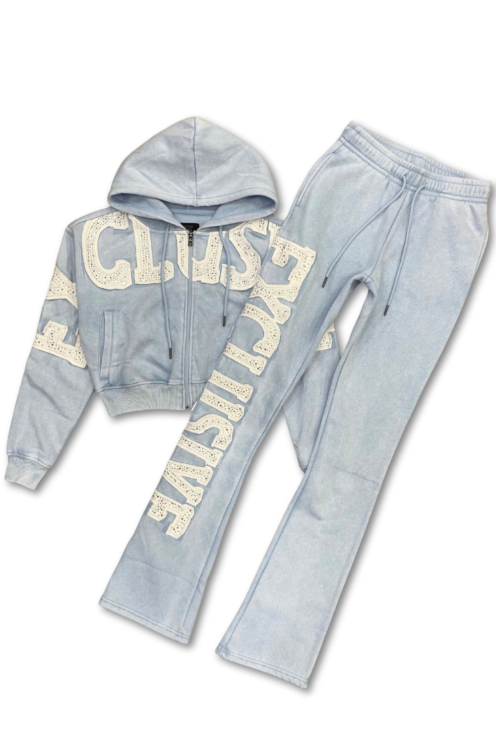 Women’s Red Fox Exclusive Rhinestone Stacked Sweatsuit - Light Blue