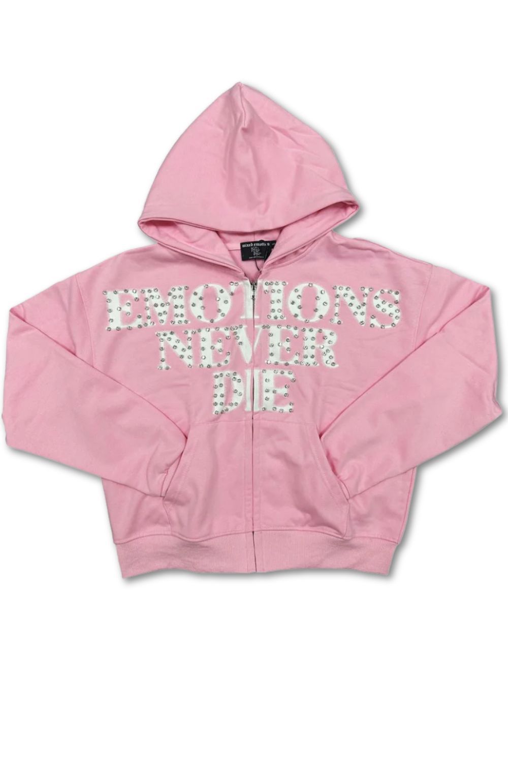 Mixed Emotions Emotions Never Die Rhinestone Zip Up Hoodie - Pink