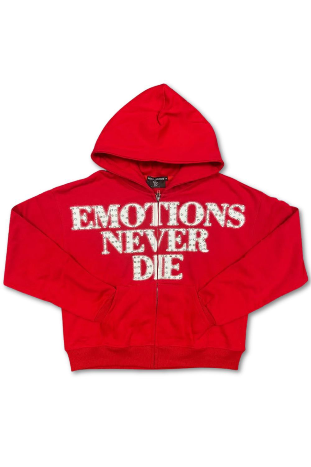 Mixed Emotions Emotions Never Die Rhinestone Zip Up Hoodie - Red