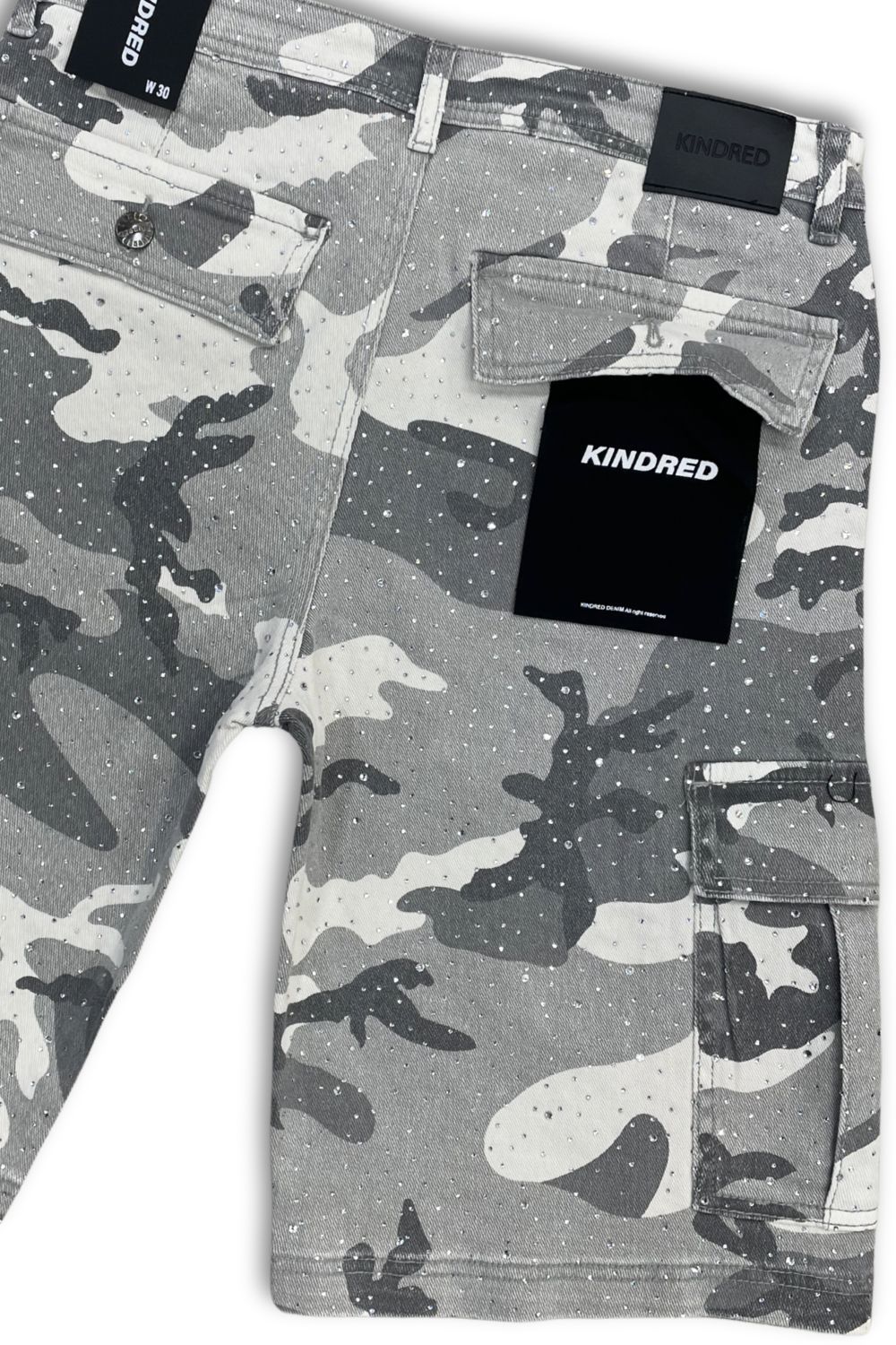 Kindred Rhinestone Cargo Jean Shorts - Grey/Camo