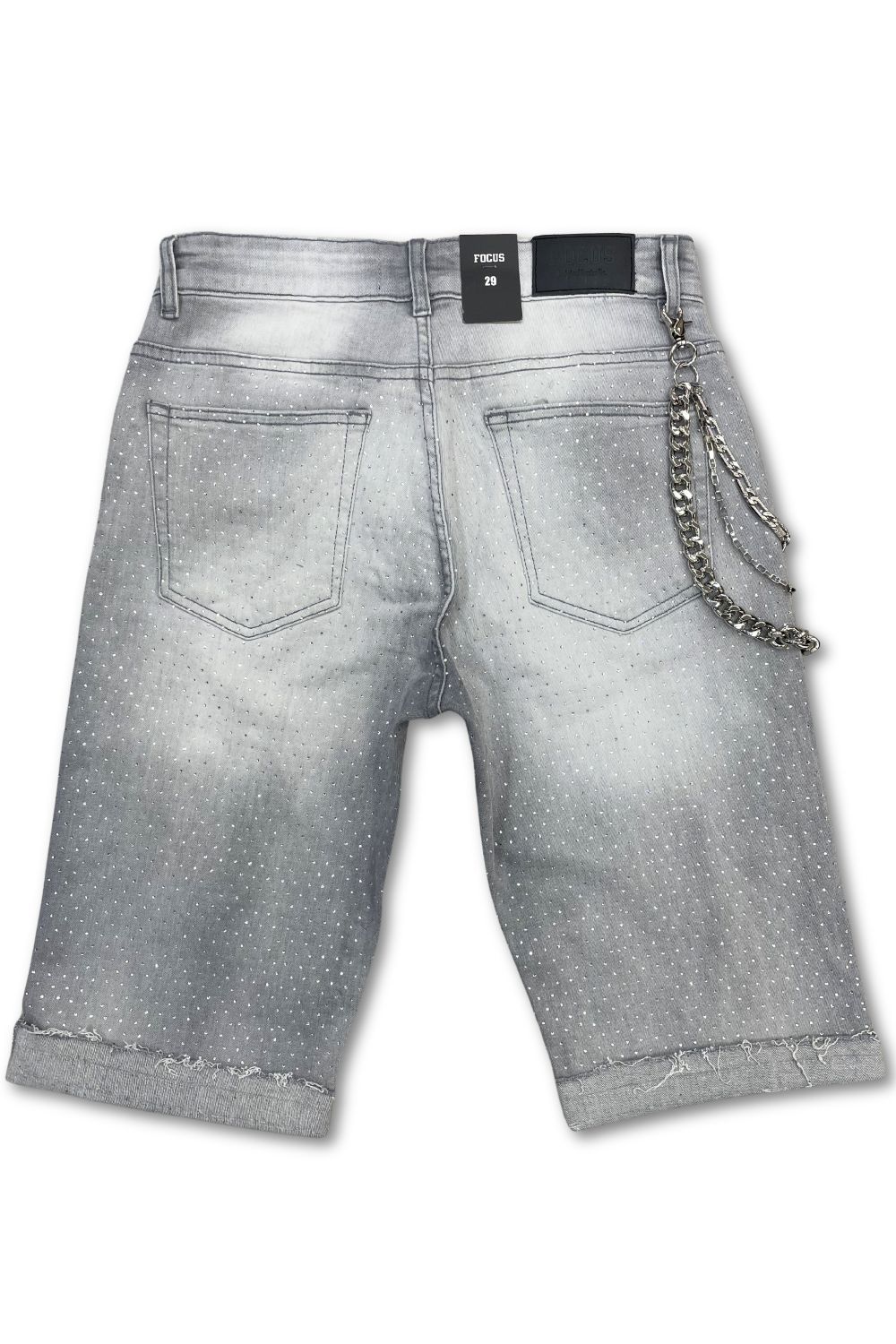 Focus Embellished Rhinestone Jean Shorts - Grey