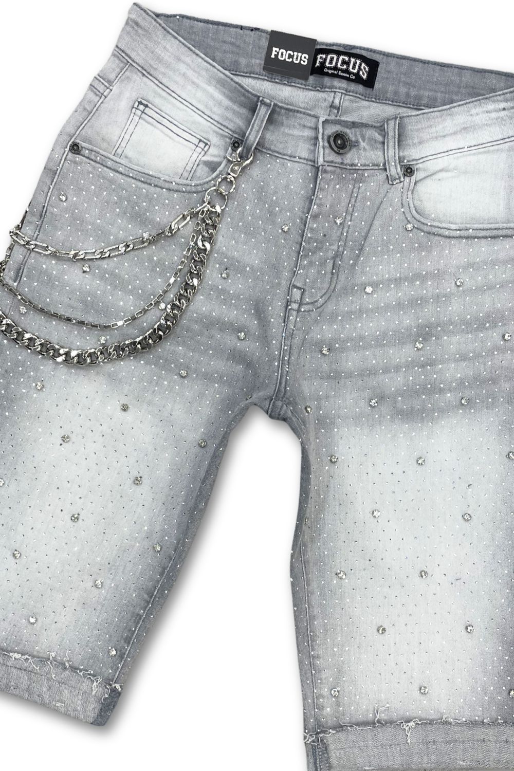 Focus Embellished Rhinestone Jean Shorts - Grey