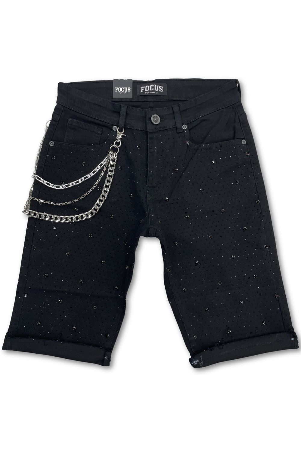 Focus Embellished Rhinestone Jean Shorts - Black