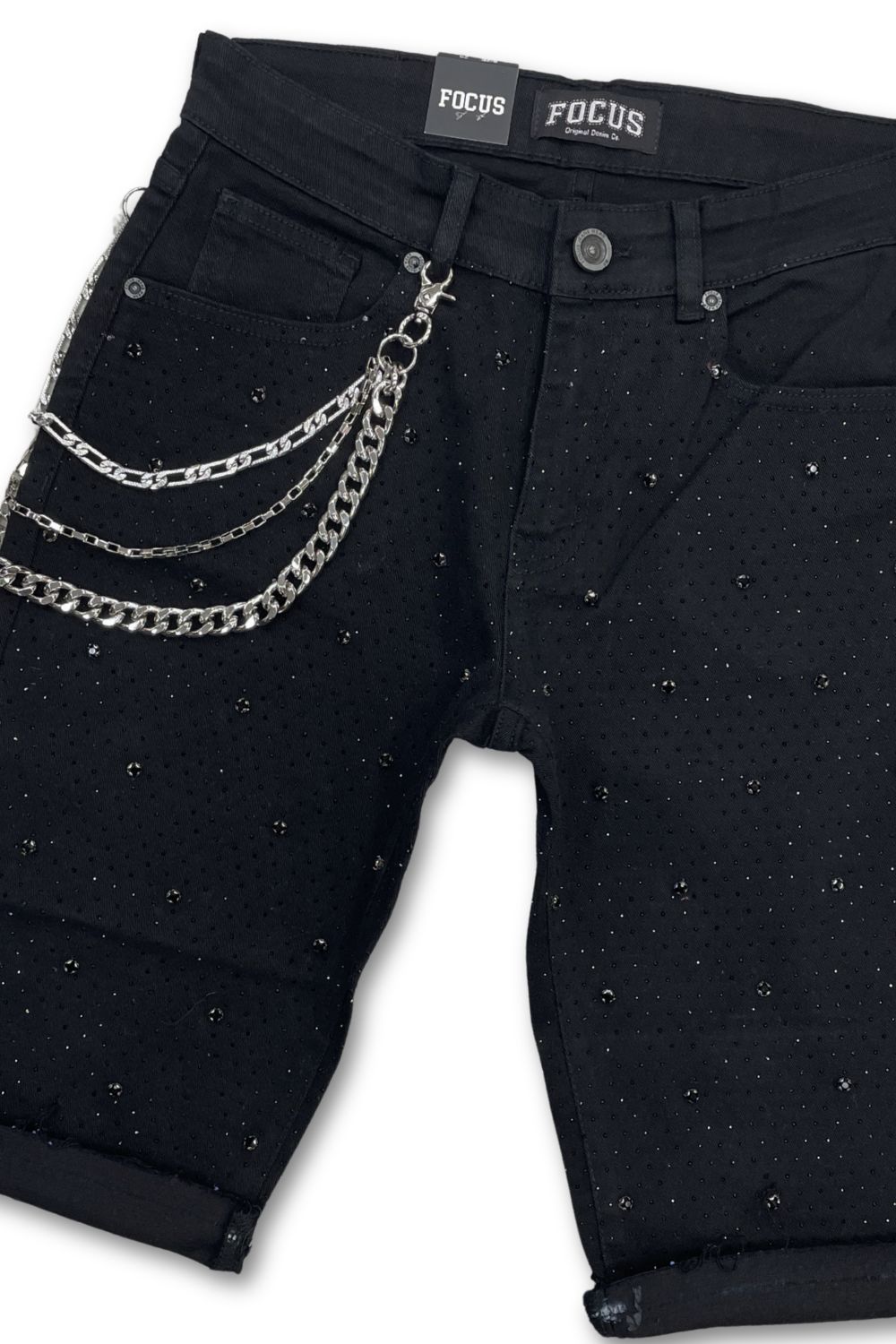 Focus Embellished Rhinestone Jean Shorts - Black