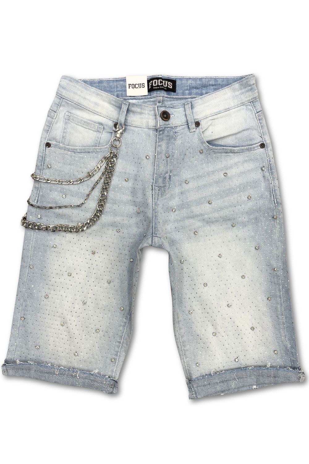 Focus Embellished Rhinestone Jean Shorts - Iced Blue